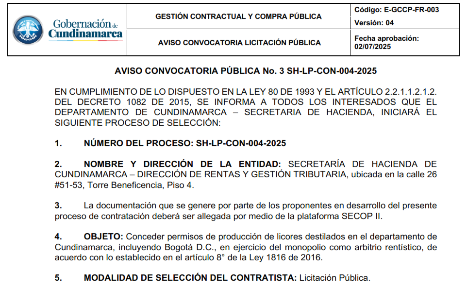 AVISO 3 CONVOCATORIA PÚBLICA No. SH-LP-CON-004-2025  