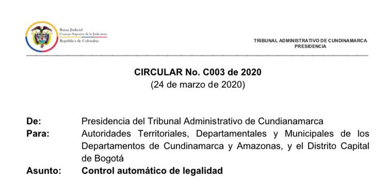Tribunal Administrativo de Cundinamarca ejercerá control automático de legalidad de medidas por el COVID-19

