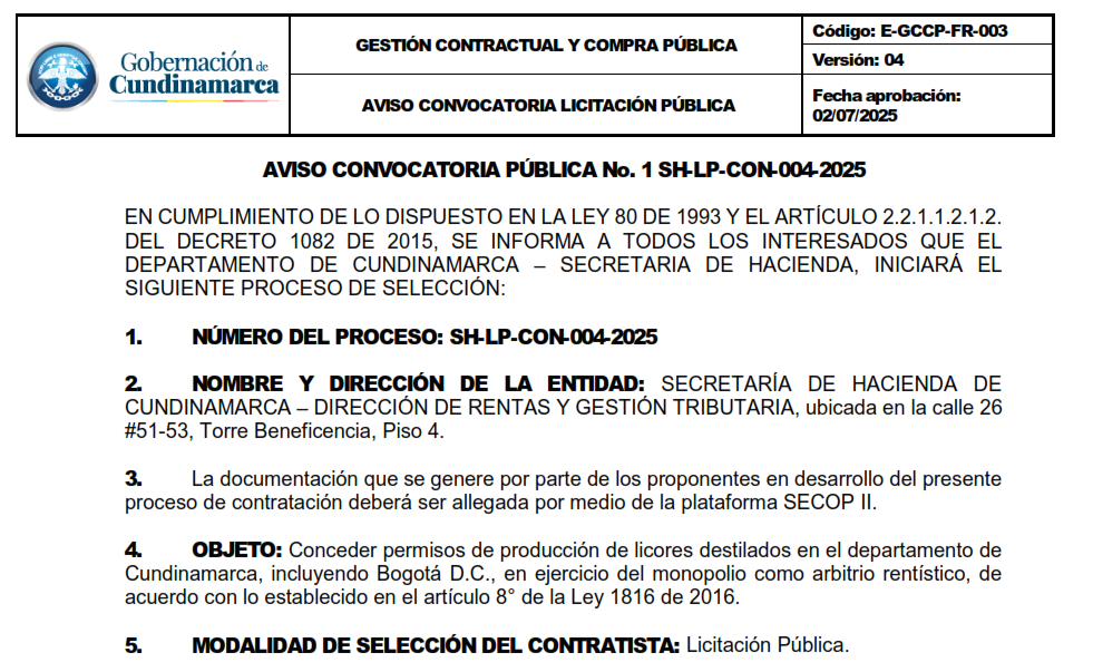 AVISO CONVOCATORIA PÚBLICA No. 1 SH-LP-CON-004-2025  